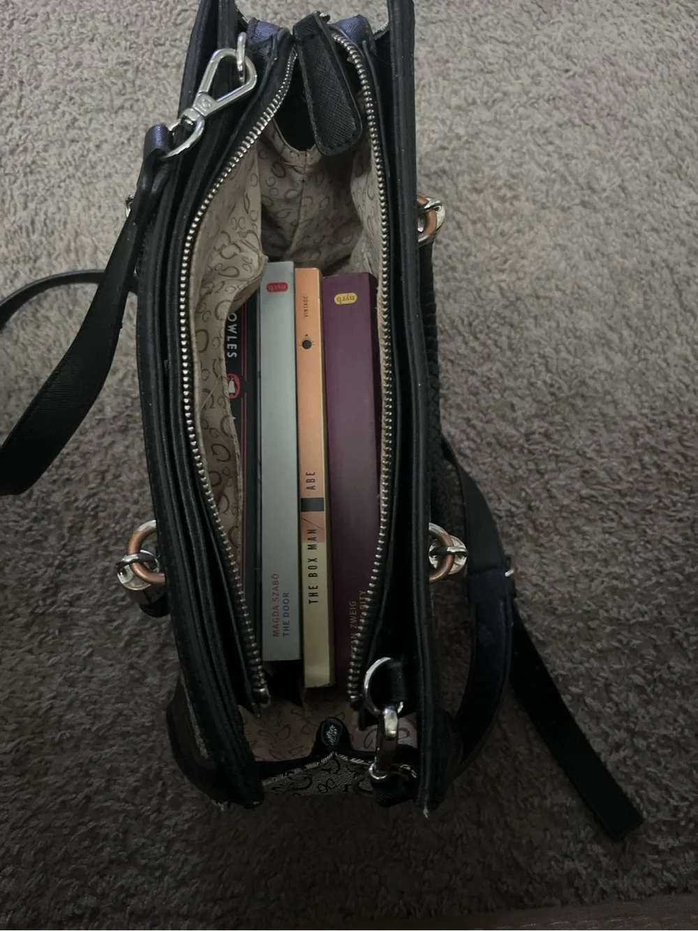 GUESS Beige Monogram Satchel with Black Braided Handles